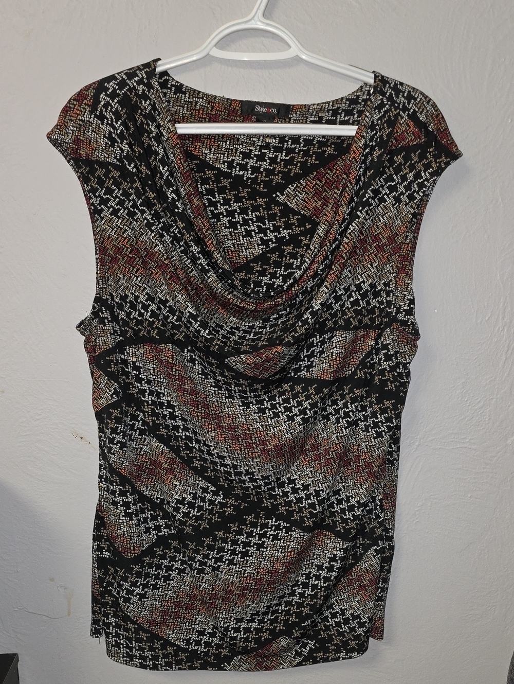 Style & Co. Black Cowl Neck Sleeveless Top with Rust and Cream Accents